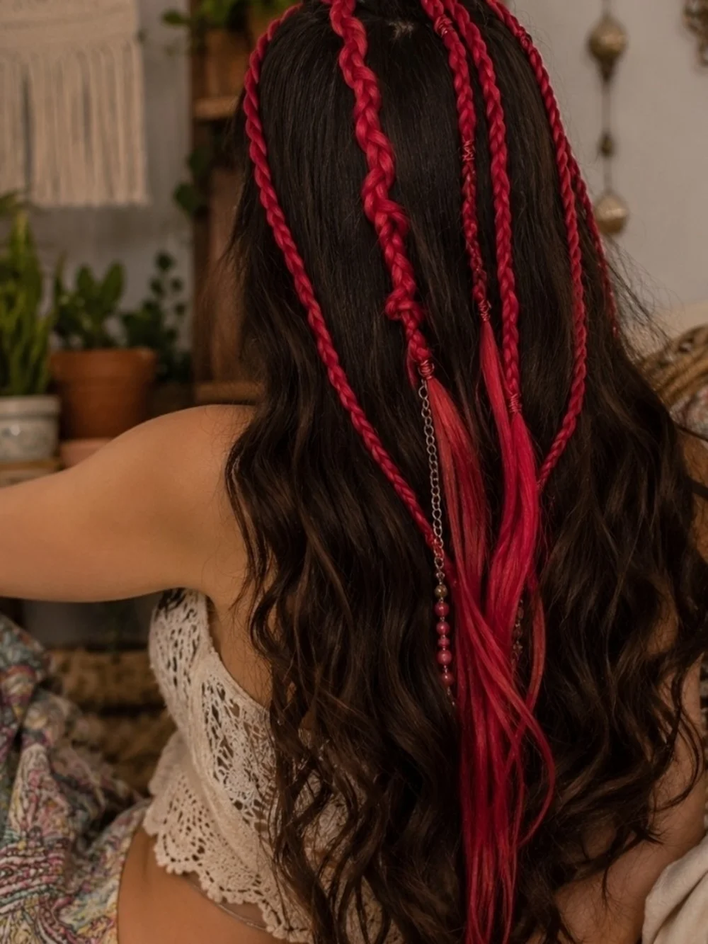 4/$15 Boho Festival Red With Fiber & Wire Bead Braided Synthetic Hair Extensions